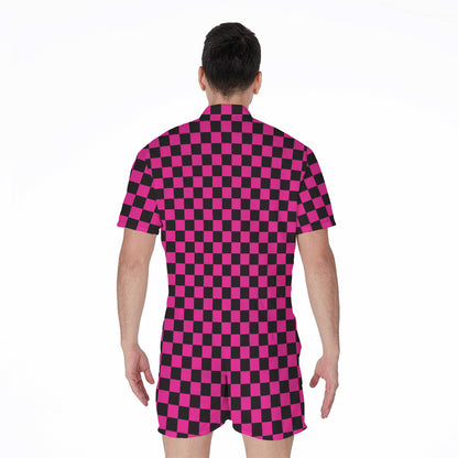 Magenta Pink And Black Checkered Print Men's Rompers