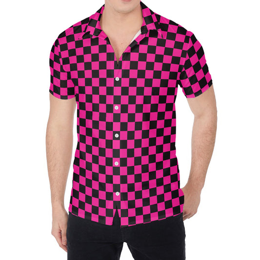 Magenta Pink And Black Checkered Print Men's Shirt