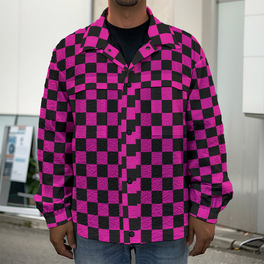 Magenta Pink And Black Checkered Print Men's Shirt Jacket