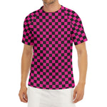 Magenta Pink And Black Checkered Print Men's Short Sleeve Rash Guard