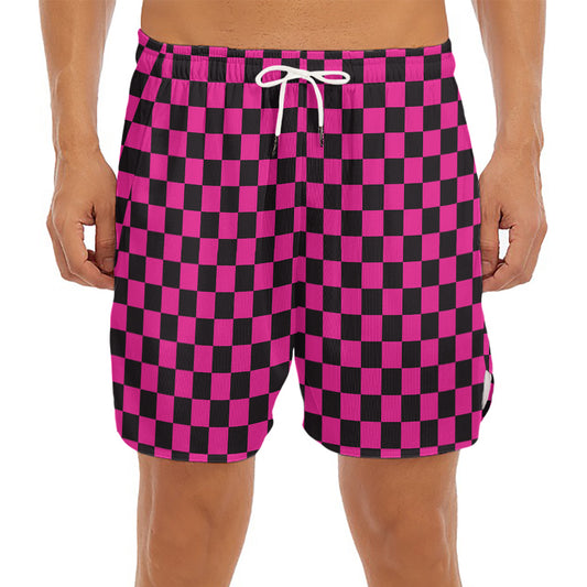 Magenta Pink And Black Checkered Print Men's Split Running Shorts