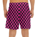 Magenta Pink And Black Checkered Print Men's Split Running Shorts