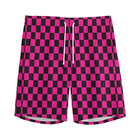 Magenta Pink And Black Checkered Print Men's Sports Shorts