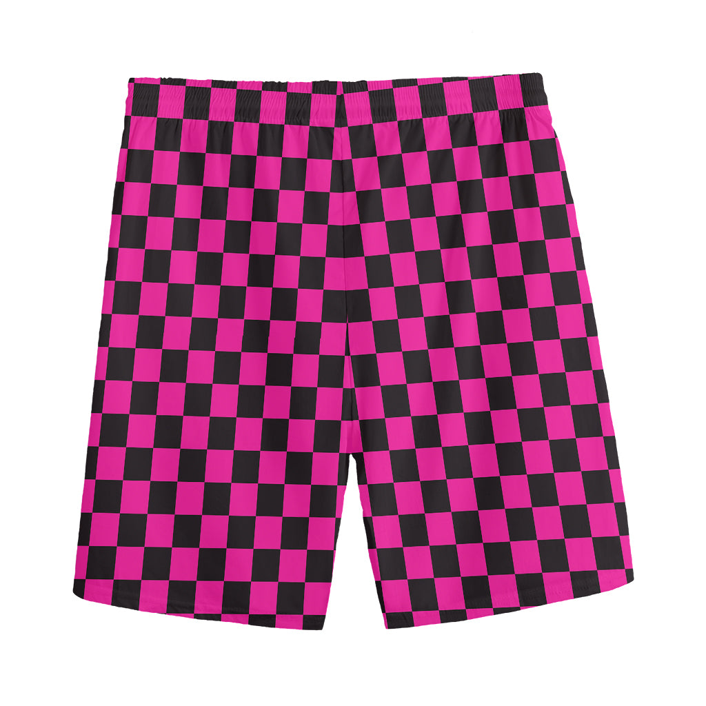 Magenta Pink And Black Checkered Print Men's Sports Shorts