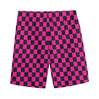 Magenta Pink And Black Checkered Print Men's Sports Shorts