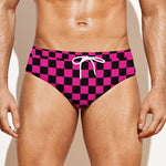 Magenta Pink And Black Checkered Print Men's Swim Briefs