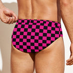 Magenta Pink And Black Checkered Print Men's Swim Briefs