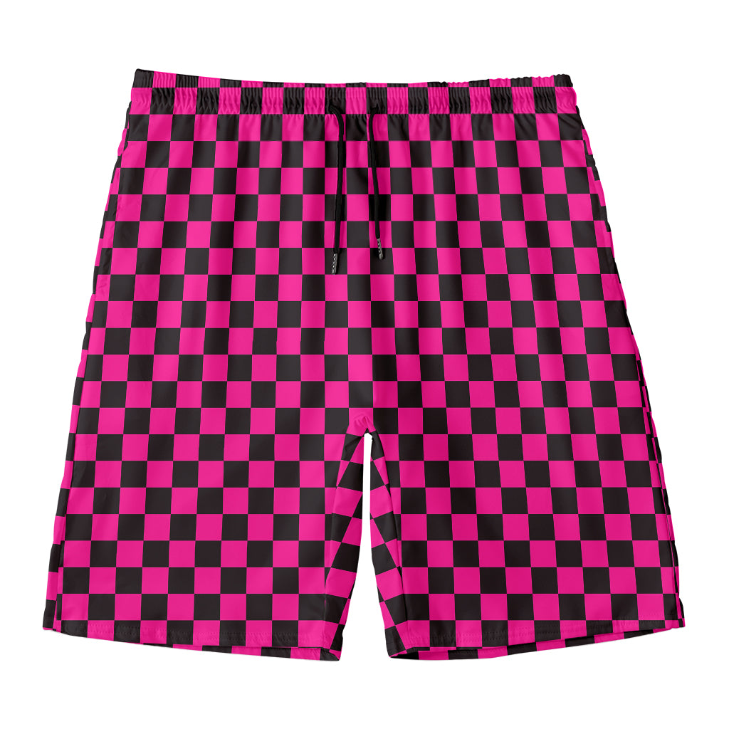 Magenta Pink And Black Checkered Print Men's Swim Trunks