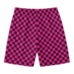 Magenta Pink And Black Checkered Print Men's Swim Trunks