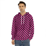 Magenta Pink And Black Checkered Print Men's Velvet Pullover Hoodie