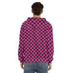 Magenta Pink And Black Checkered Print Men's Velvet Pullover Hoodie