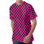 Magenta Pink And Black Checkered Print Men's Velvet T-Shirt