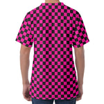 Magenta Pink And Black Checkered Print Men's Velvet T-Shirt