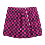 Magenta Pink And Black Checkered Print Mesh Shorts