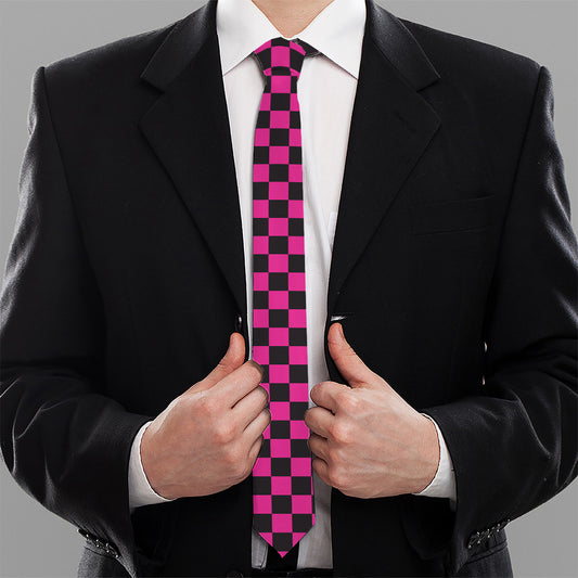Magenta Pink And Black Checkered Print Necktie