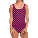 Magenta Pink And Black Checkered Print One Piece Swimsuit
