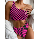 Magenta Pink And Black Checkered Print One Shoulder Bikini Top