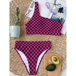 Magenta Pink And Black Checkered Print One Shoulder Bikini Top