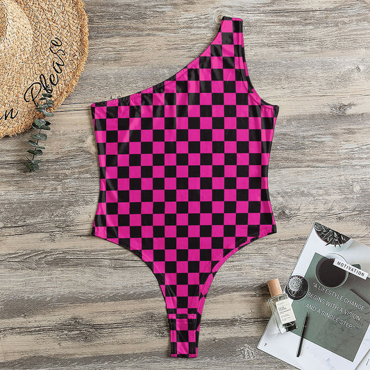 Magenta Pink And Black Checkered Print One Shoulder Bodysuit