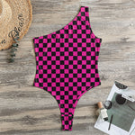 Magenta Pink And Black Checkered Print One Shoulder Bodysuit
