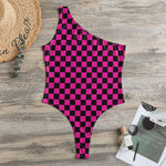 Magenta Pink And Black Checkered Print One Shoulder Bodysuit