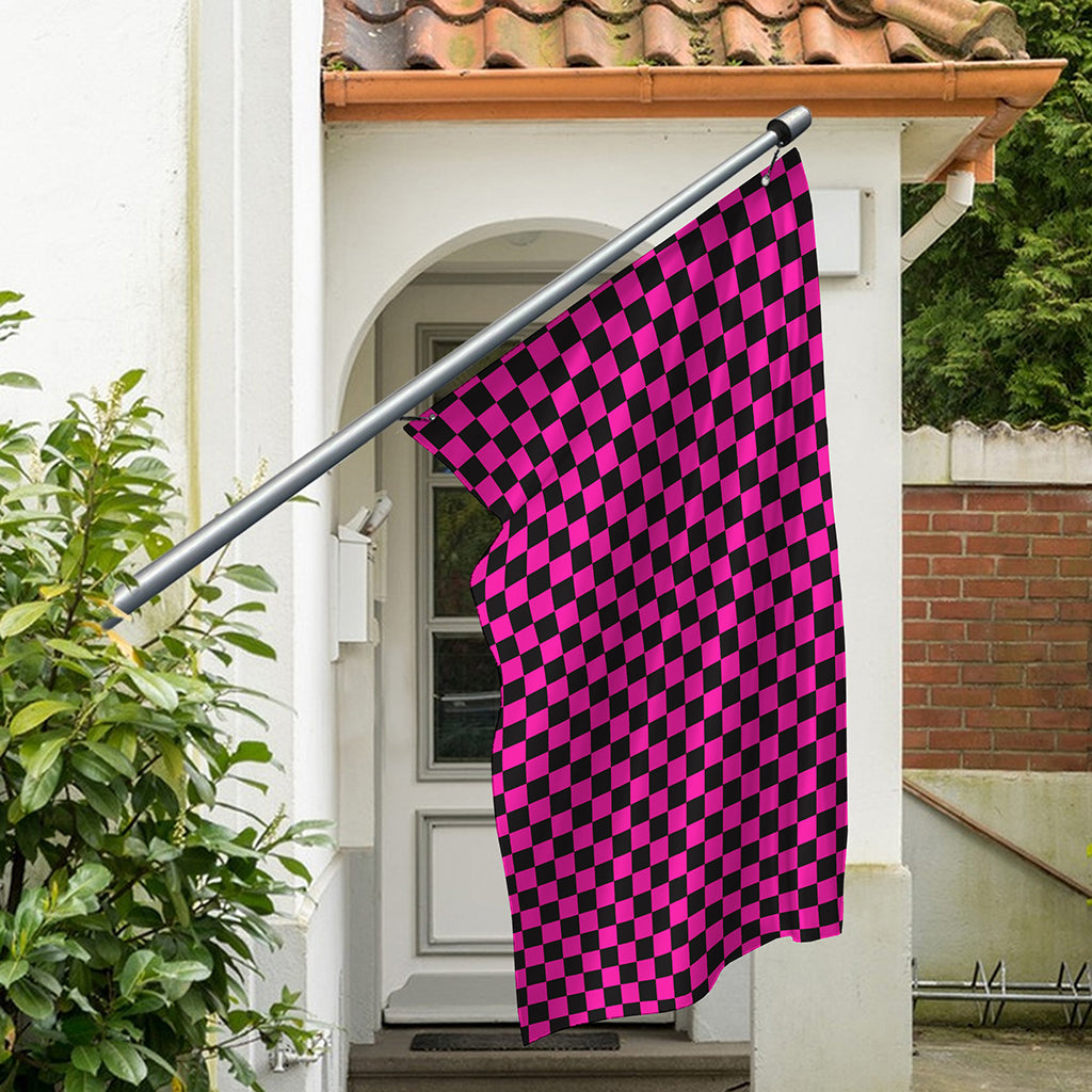 Magenta Pink And Black Checkered Print Polyester Flag