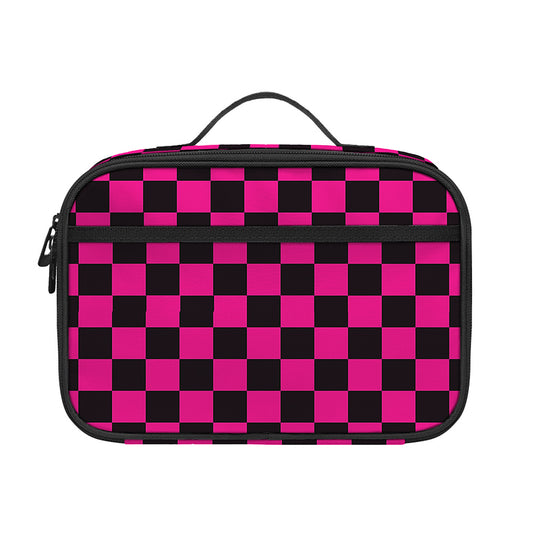 Magenta Pink And Black Checkered Print Portable Lunch Bag