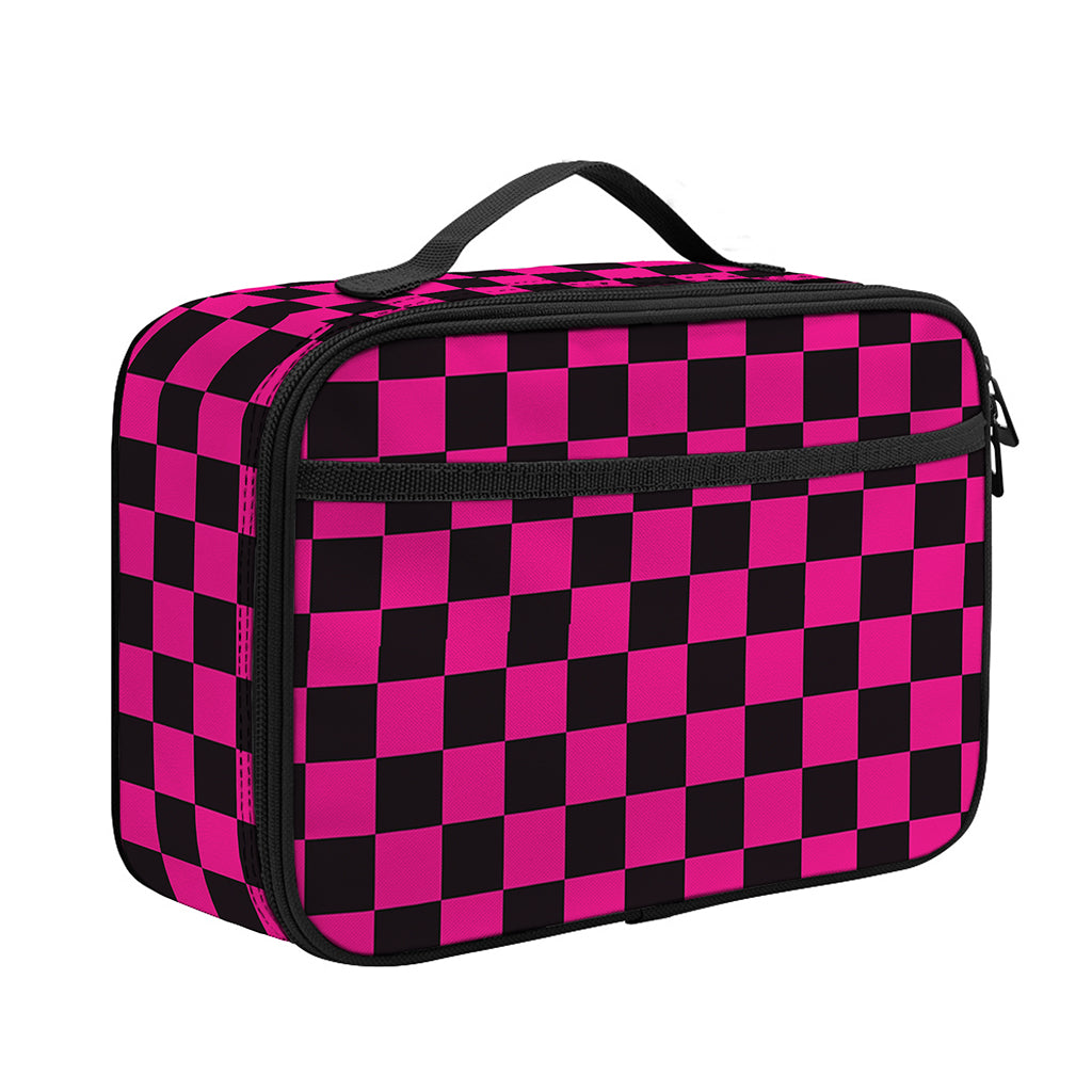 Magenta Pink And Black Checkered Print Portable Lunch Bag