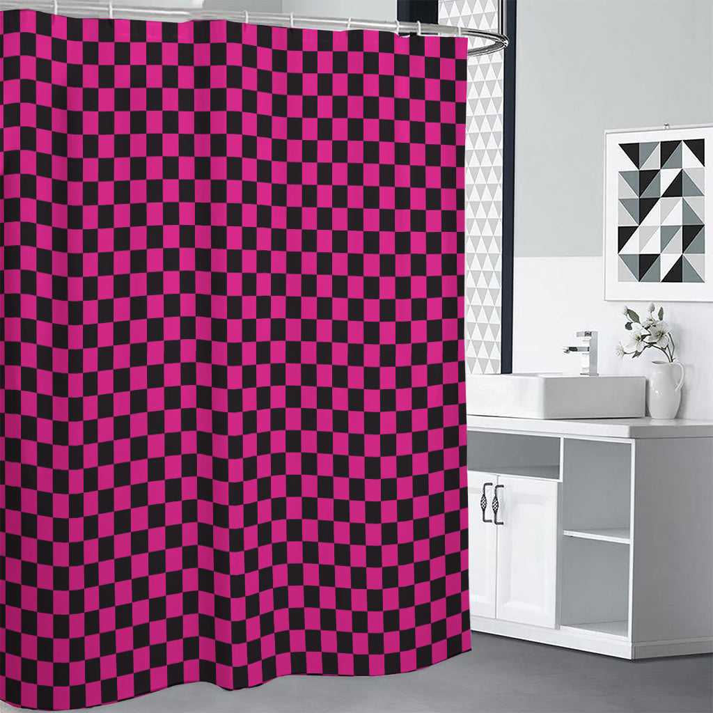 Magenta Pink And Black Checkered Print Premium Shower Curtain