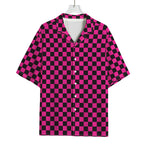 Magenta Pink And Black Checkered Print Rayon Hawaiian Shirt
