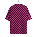 Magenta Pink And Black Checkered Print Rayon Hawaiian Shirt