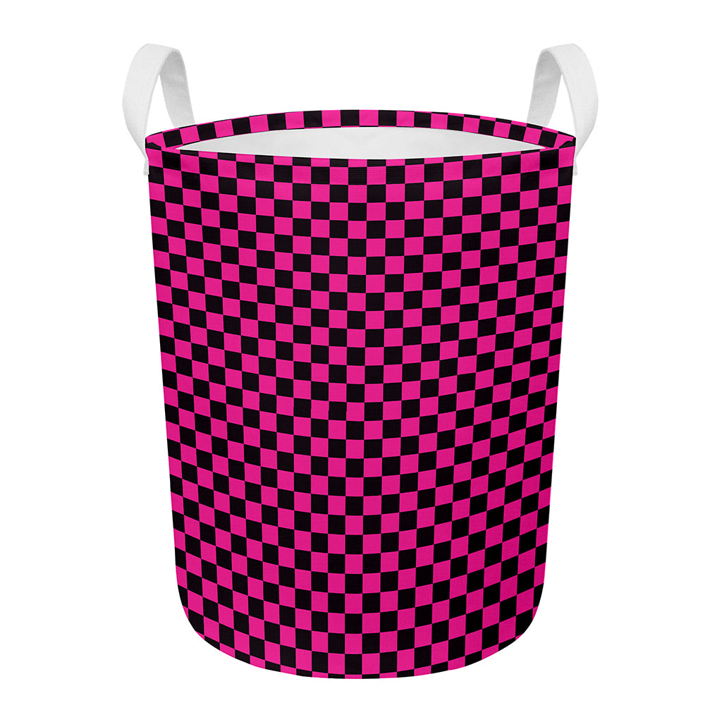 Magenta Pink And Black Checkered Print Round Laundry Basket