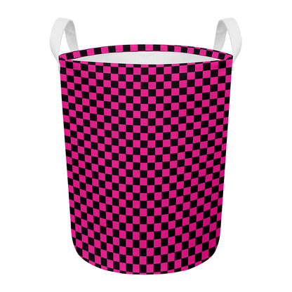 Magenta Pink And Black Checkered Print Round Laundry Basket