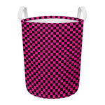 Magenta Pink And Black Checkered Print Round Laundry Basket