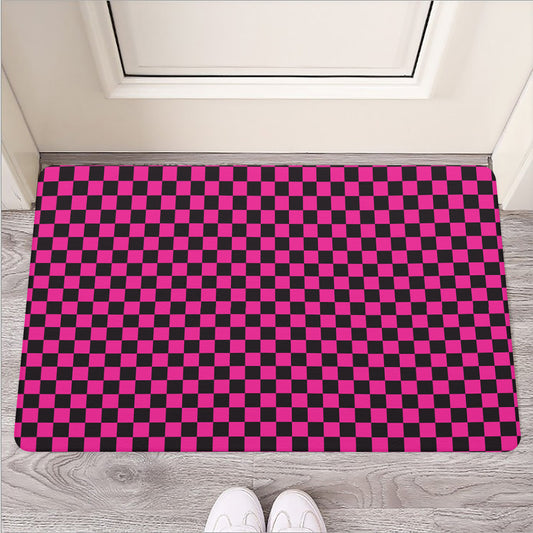 Magenta Pink And Black Checkered Print Rubber Doormat