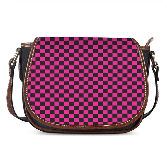 Magenta Pink And Black Checkered Print Saddle Bag