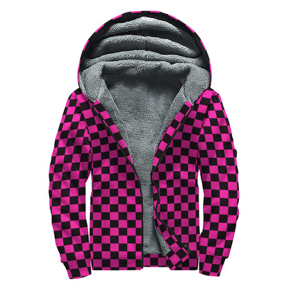 Magenta Pink And Black Checkered Print Sherpa Lined Zip Up Hoodie