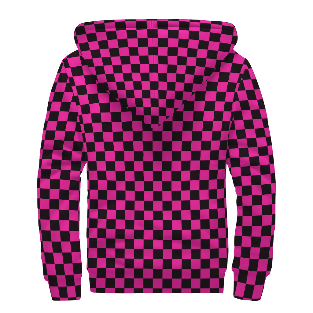 Magenta Pink And Black Checkered Print Sherpa Lined Zip Up Hoodie
