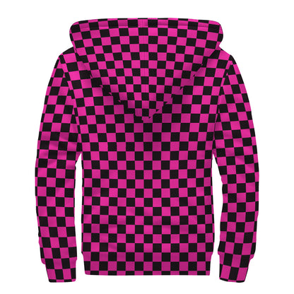 Magenta Pink And Black Checkered Print Sherpa Lined Zip Up Hoodie