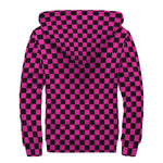 Magenta Pink And Black Checkered Print Sherpa Lined Zip Up Hoodie