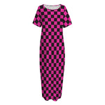 Magenta Pink And Black Checkered Print Short Sleeve Long Nightdress