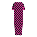 Magenta Pink And Black Checkered Print Short Sleeve Long Nightdress
