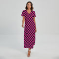 Magenta Pink And Black Checkered Print Short Sleeve Maxi Dress