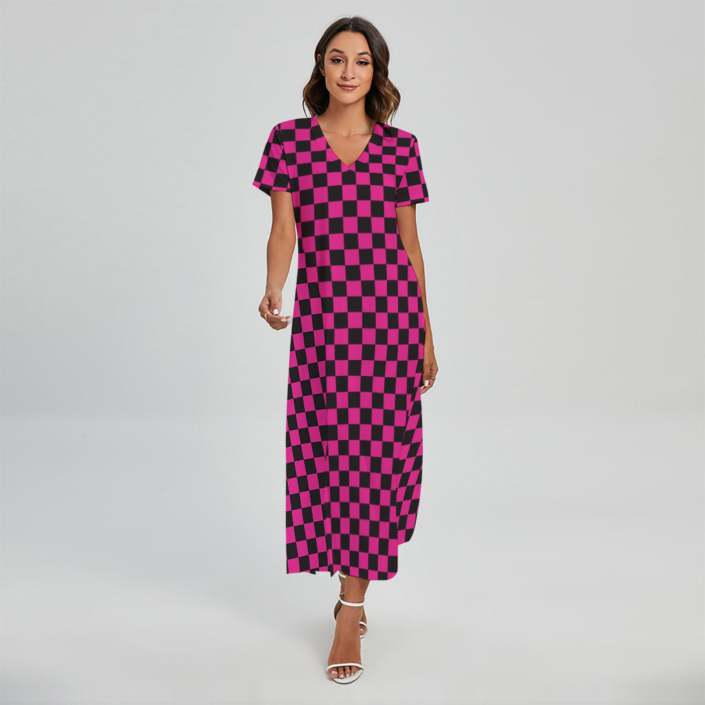 Magenta Pink And Black Checkered Print Short Sleeve Maxi Dress