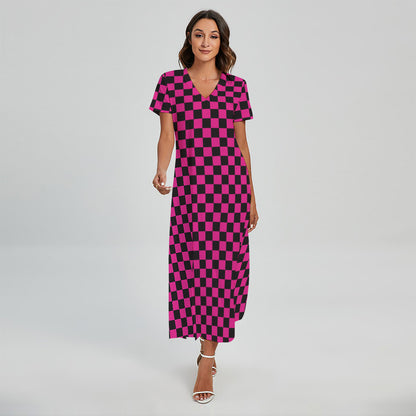 Magenta Pink And Black Checkered Print Short Sleeve Maxi Dress