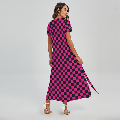 Magenta Pink And Black Checkered Print Short Sleeve Maxi Dress