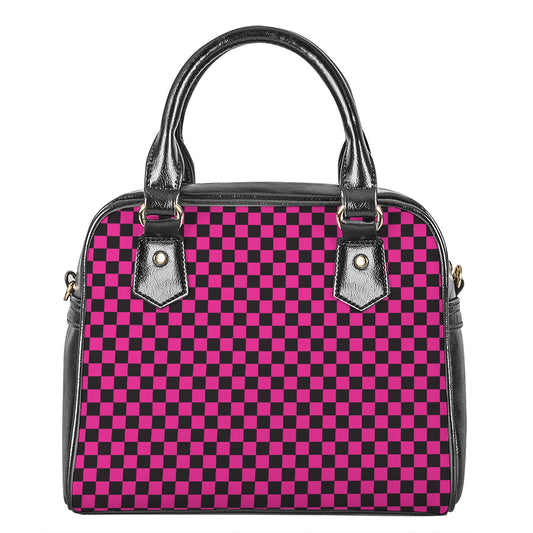 Magenta Pink And Black Checkered Print Shoulder Handbag