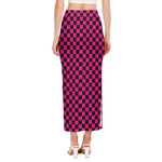 Magenta Pink And Black Checkered Print Side Slit Maxi Skirt