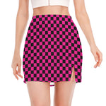 Magenta Pink And Black Checkered Print Side Slit Mini Skirt