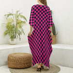 Magenta Pink And Black Checkered Print Silk V-Neck Kaftan Dress